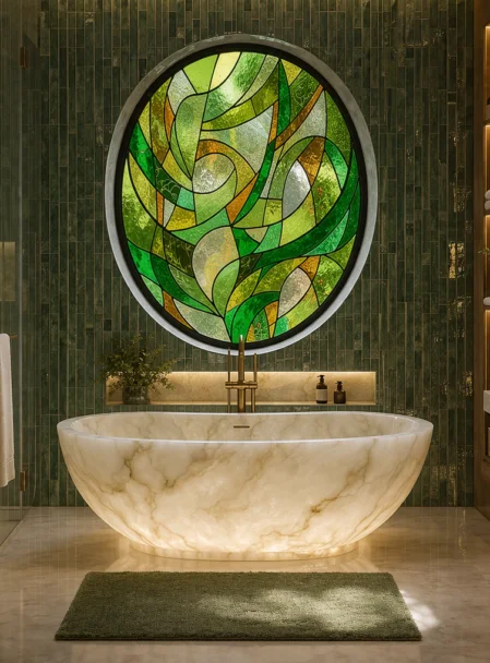 Vetro artistico nel bagno di lusso – design con vetrate artistiche su misura