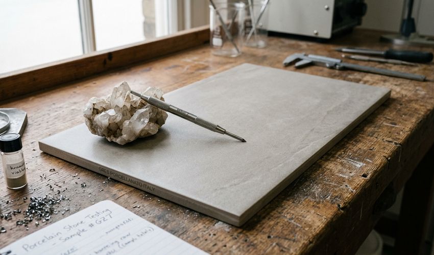 Test di durezza su superficie in gres porcellanato con minerali di riferimento della scala Mohs