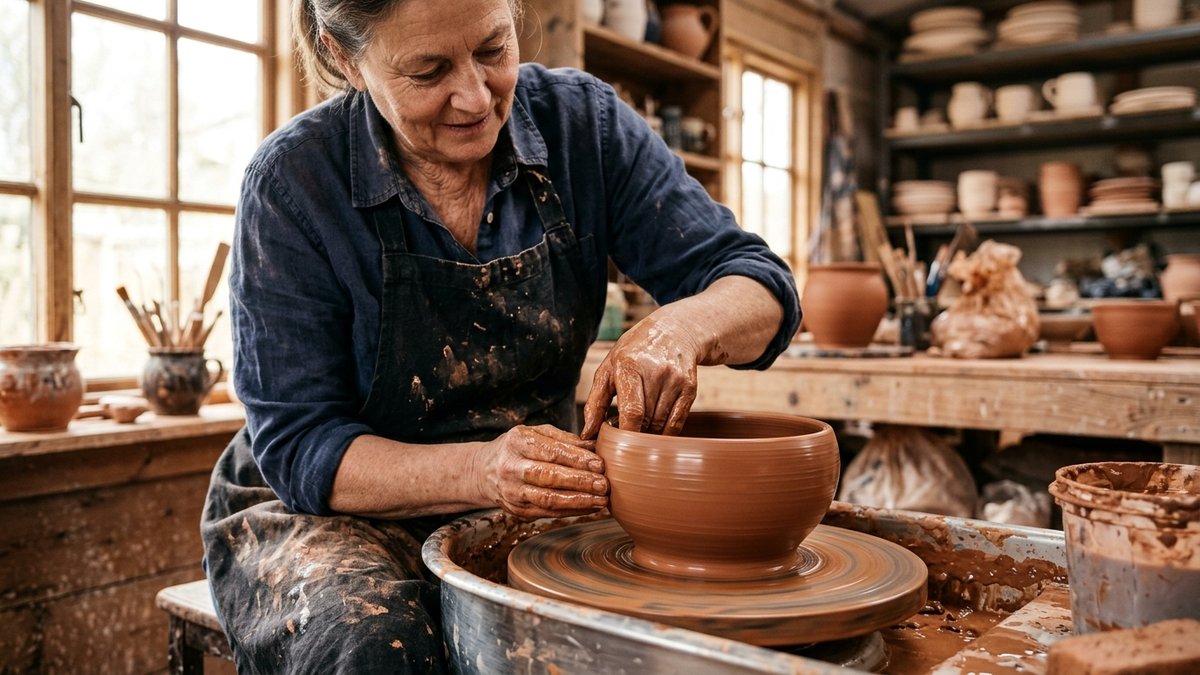 Mani che modellano argilla al tornio, tecnica di foggiatura ceramica