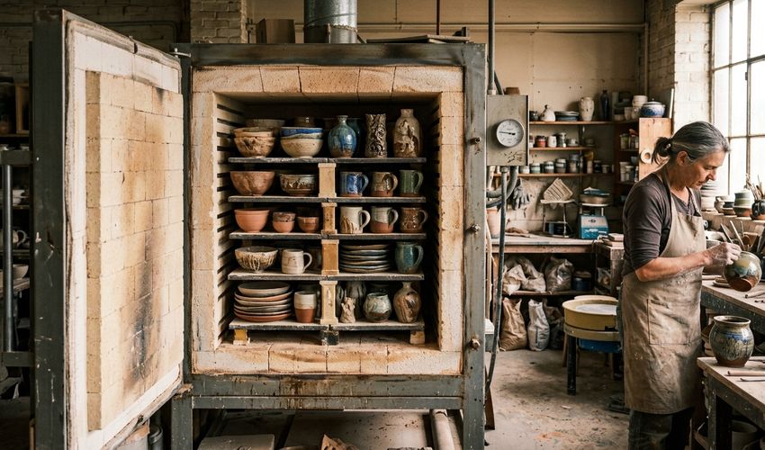 Forno per la cottura della ceramica con pezzi all'interno