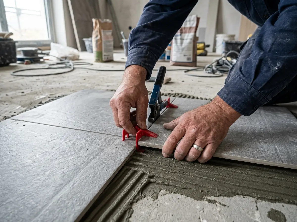 Posa di piastrelle effetto legno con cunei livellanti