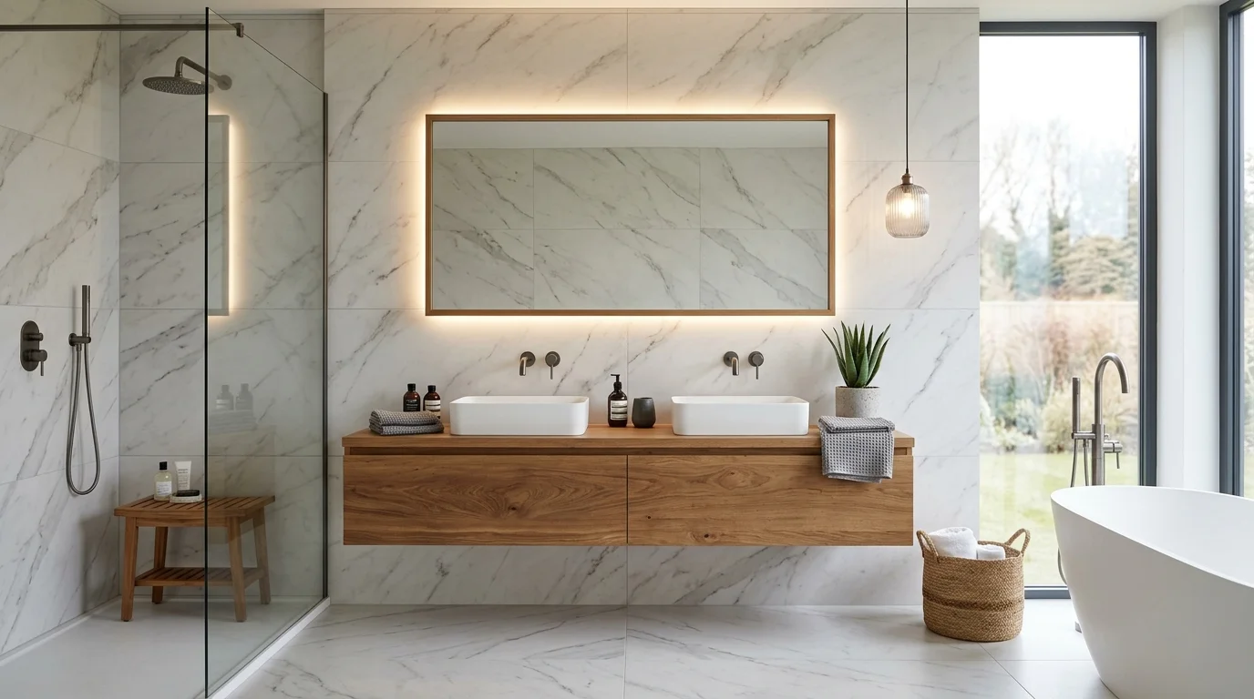 Superfici in gres porcellanato e ceramica posate all'interno di un bagno moderno